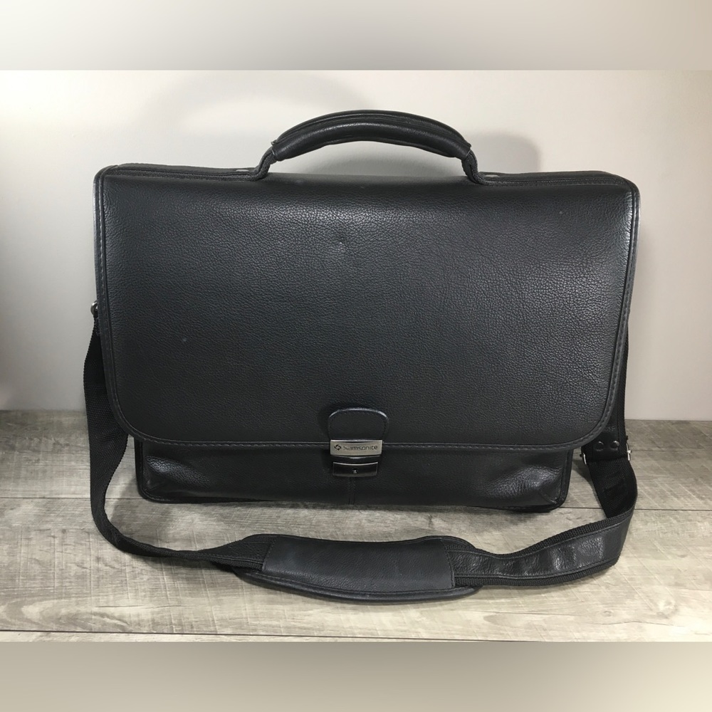 Samsonite Black Leather Briefcase Business Laptop Computer Shoulder Flapover Bag